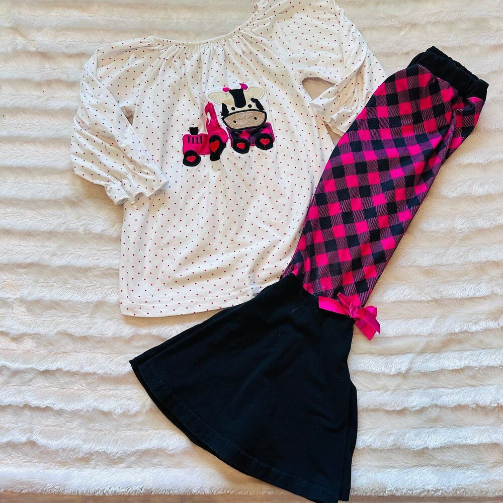 Girls Pink Plaid Cow Flare Set Size 5/6